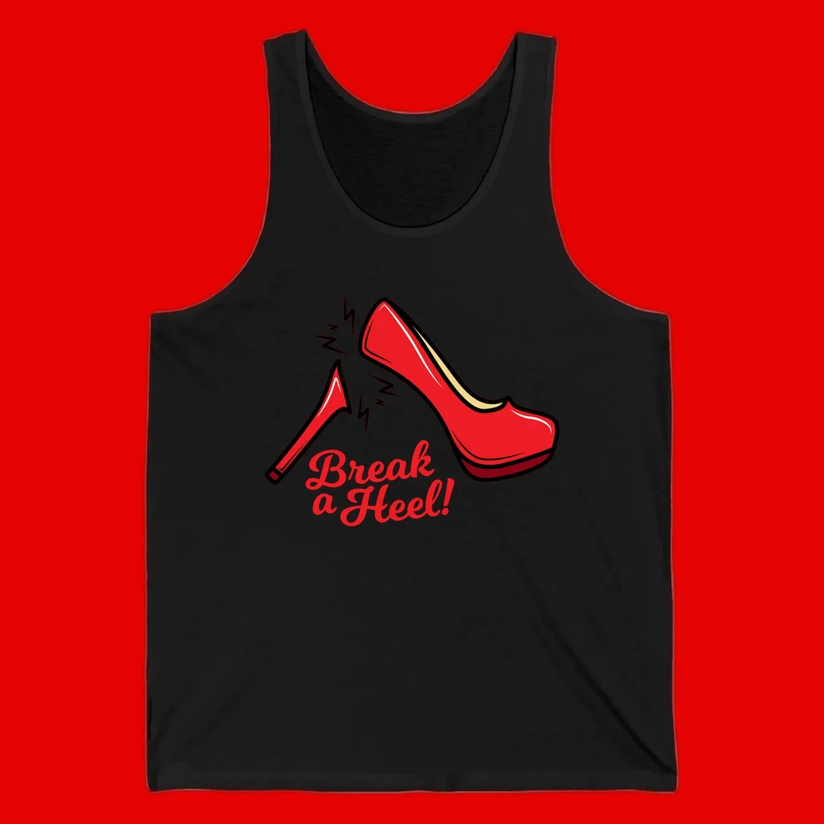 Illustration of red high heel shoes with lightning bolts and 'Break a Heel!' text - break-a-heel-fashion design