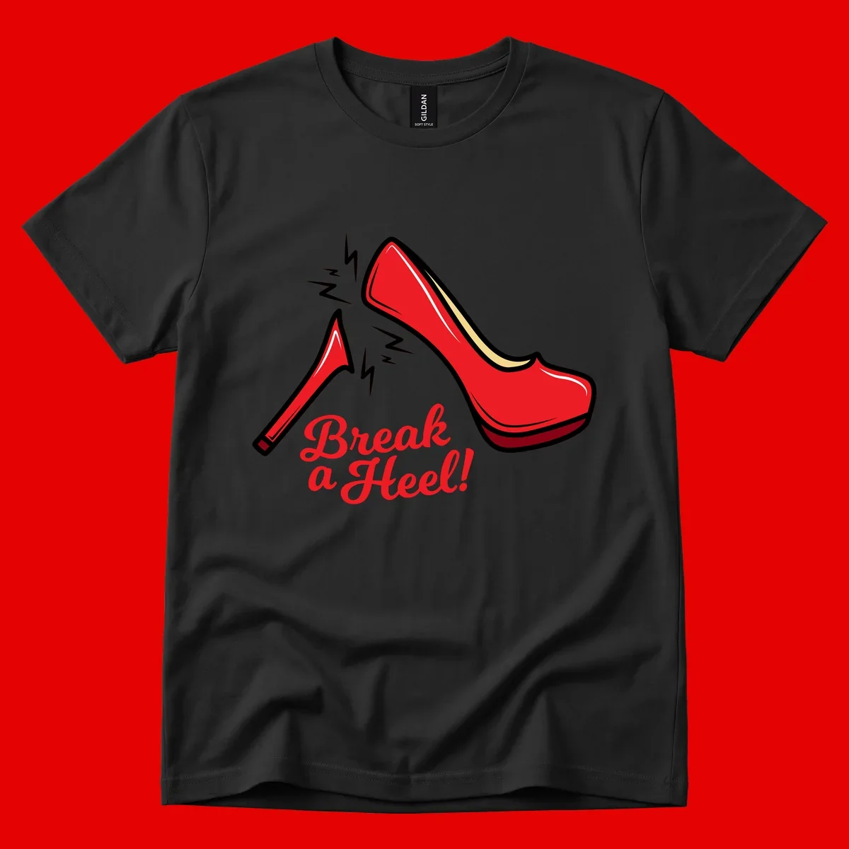 Illustration of red high heel shoes with lightning bolts and 'Break a Heel!' text - break-a-heel-fashion design
