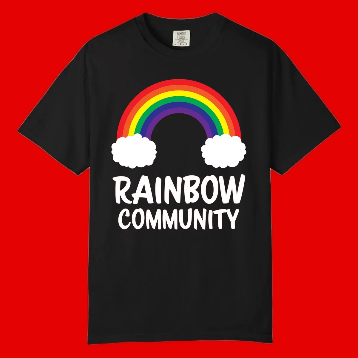 Rainbow arcing between two white clouds with 'RAINBOW COMMUNITY' text below, representing pride and inclusivity