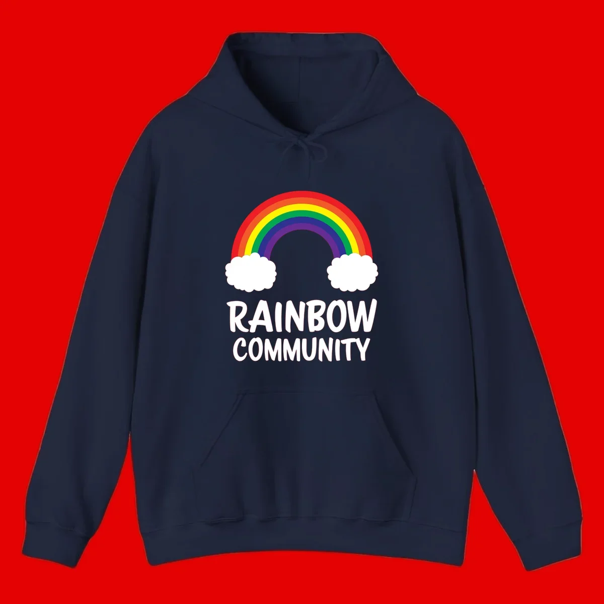 Rainbow arcing between two white clouds with 'RAINBOW COMMUNITY' text below, representing pride and inclusivity