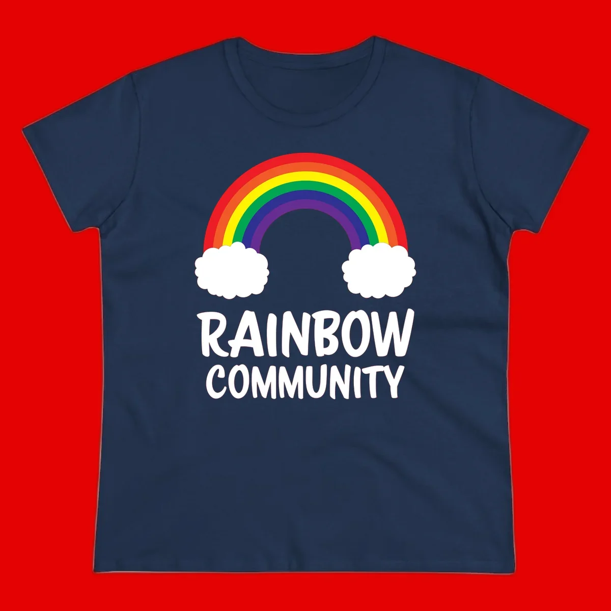 Rainbow arcing between two white clouds with 'RAINBOW COMMUNITY' text below, representing pride and inclusivity