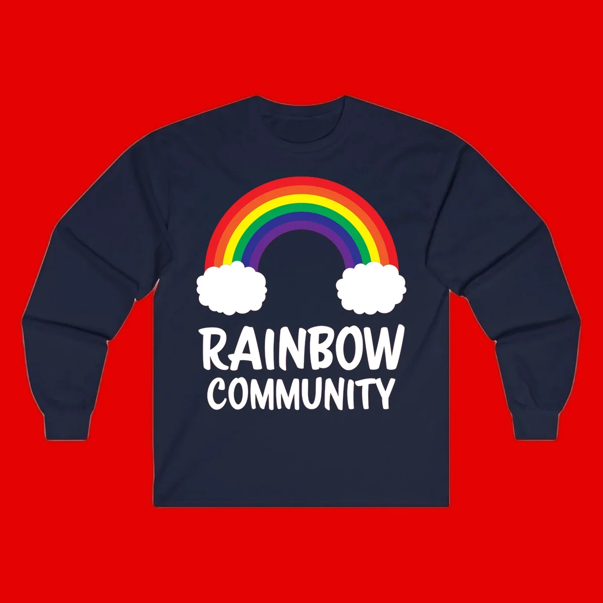 Rainbow arcing between two white clouds with 'RAINBOW COMMUNITY' text below, representing pride and inclusivity