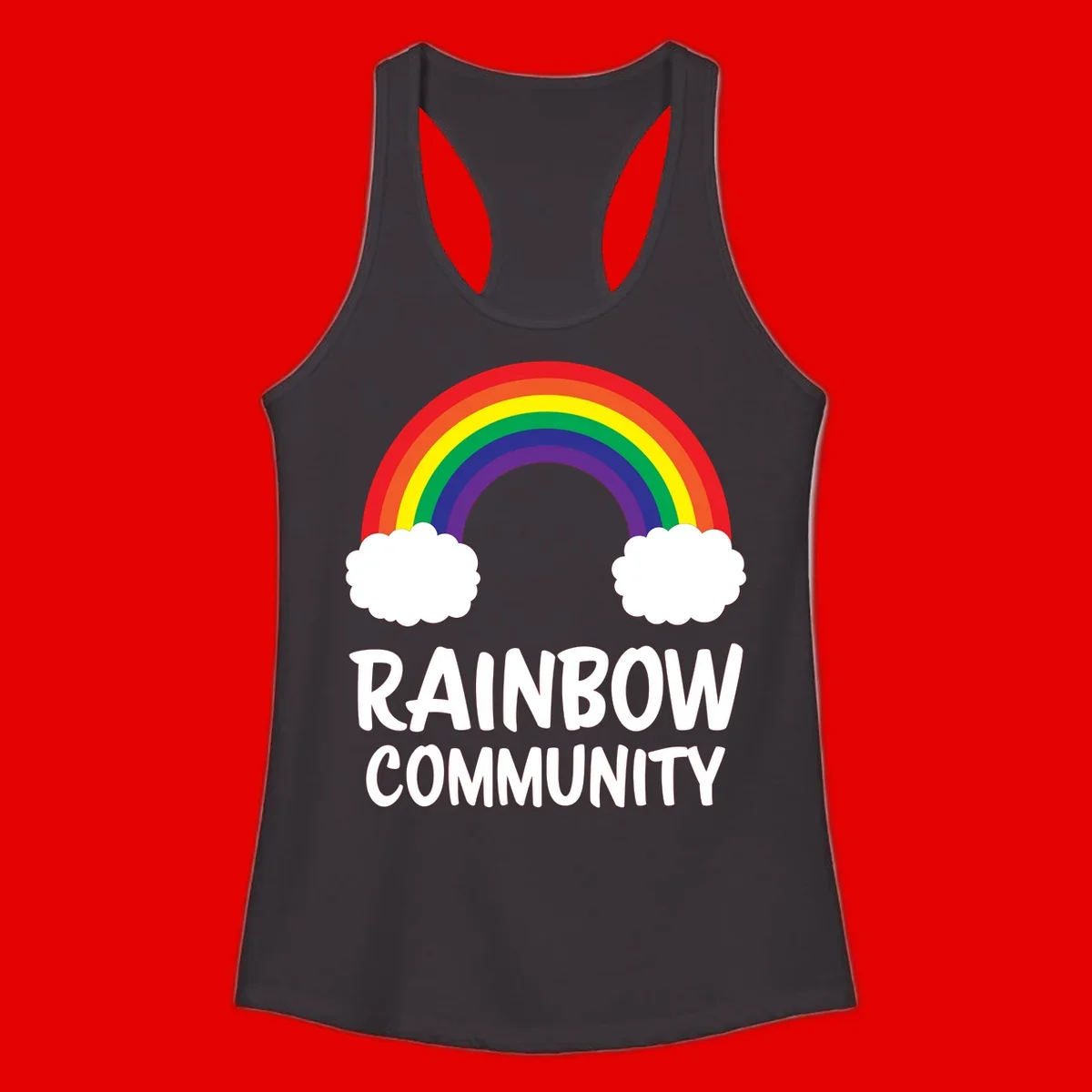 Rainbow arcing between two white clouds with 'RAINBOW COMMUNITY' text below, representing pride and inclusivity