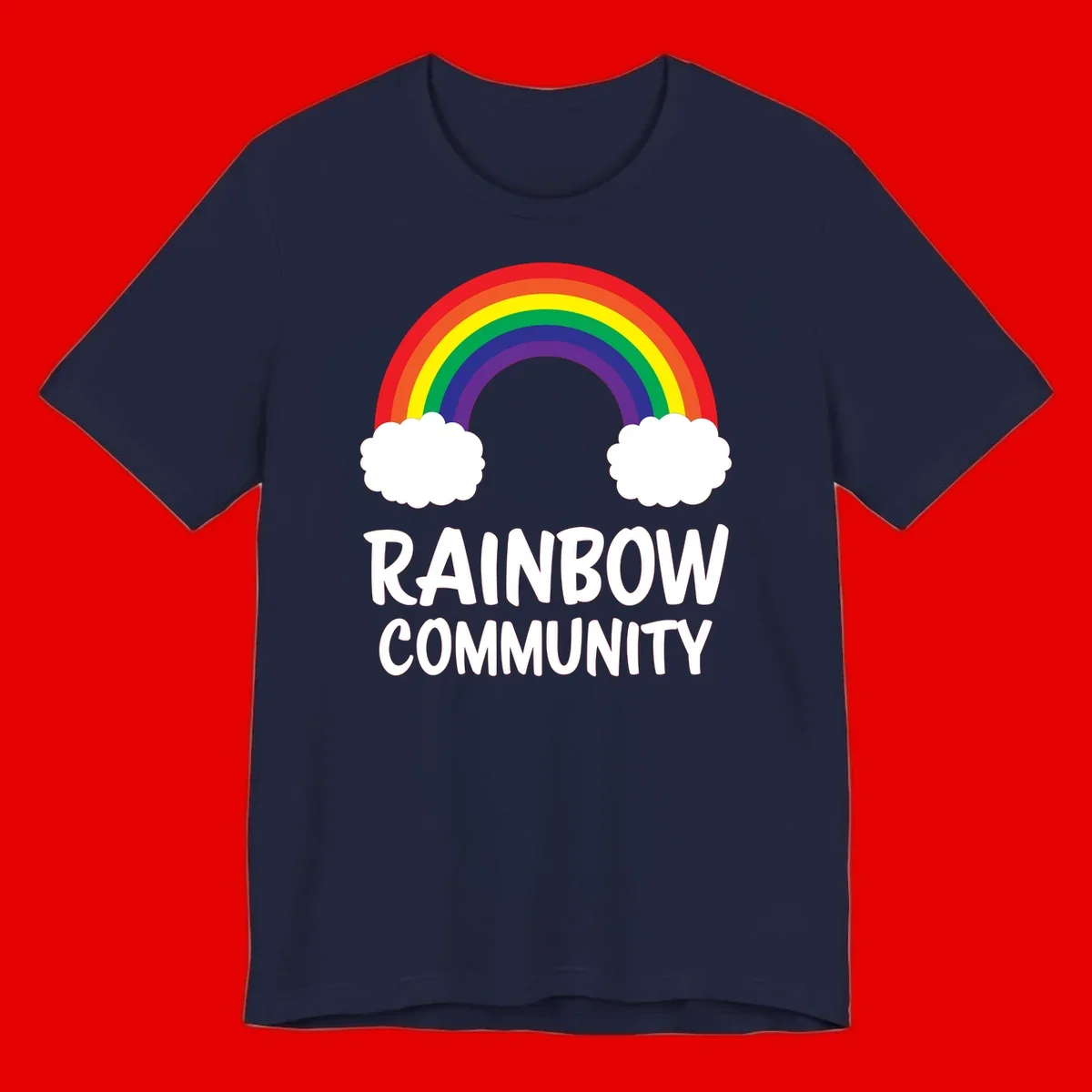 Rainbow arcing between two white clouds with 'RAINBOW COMMUNITY' text below, representing pride and inclusivity