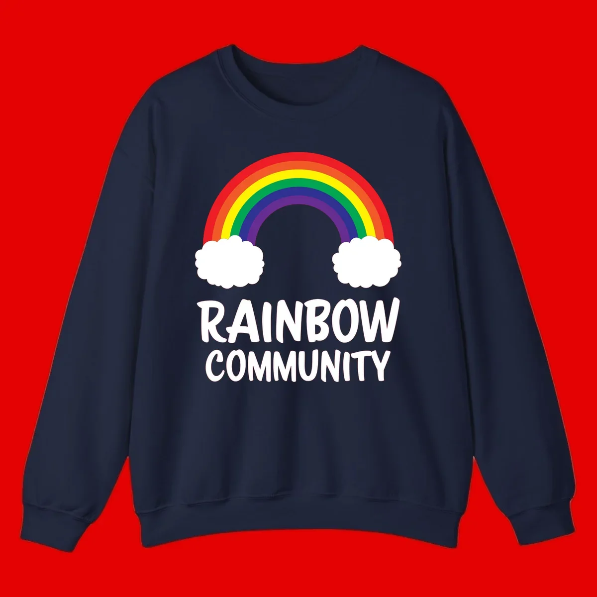 Rainbow arcing between two white clouds with 'RAINBOW COMMUNITY' text below, representing pride and inclusivity