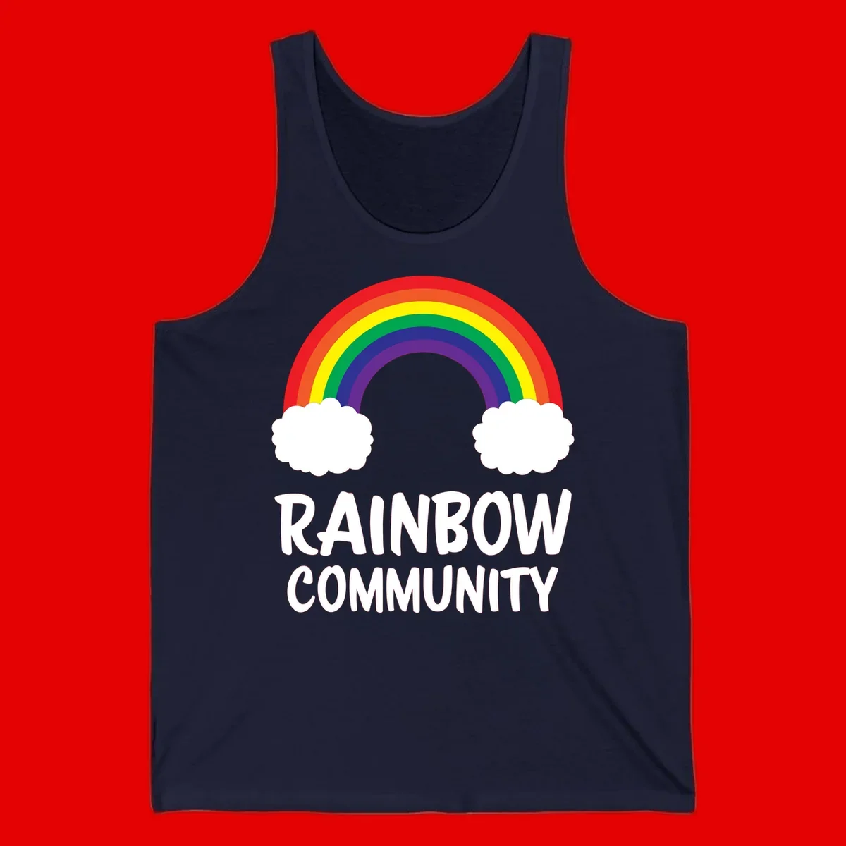 Rainbow arcing between two white clouds with 'RAINBOW COMMUNITY' text below, representing pride and inclusivity