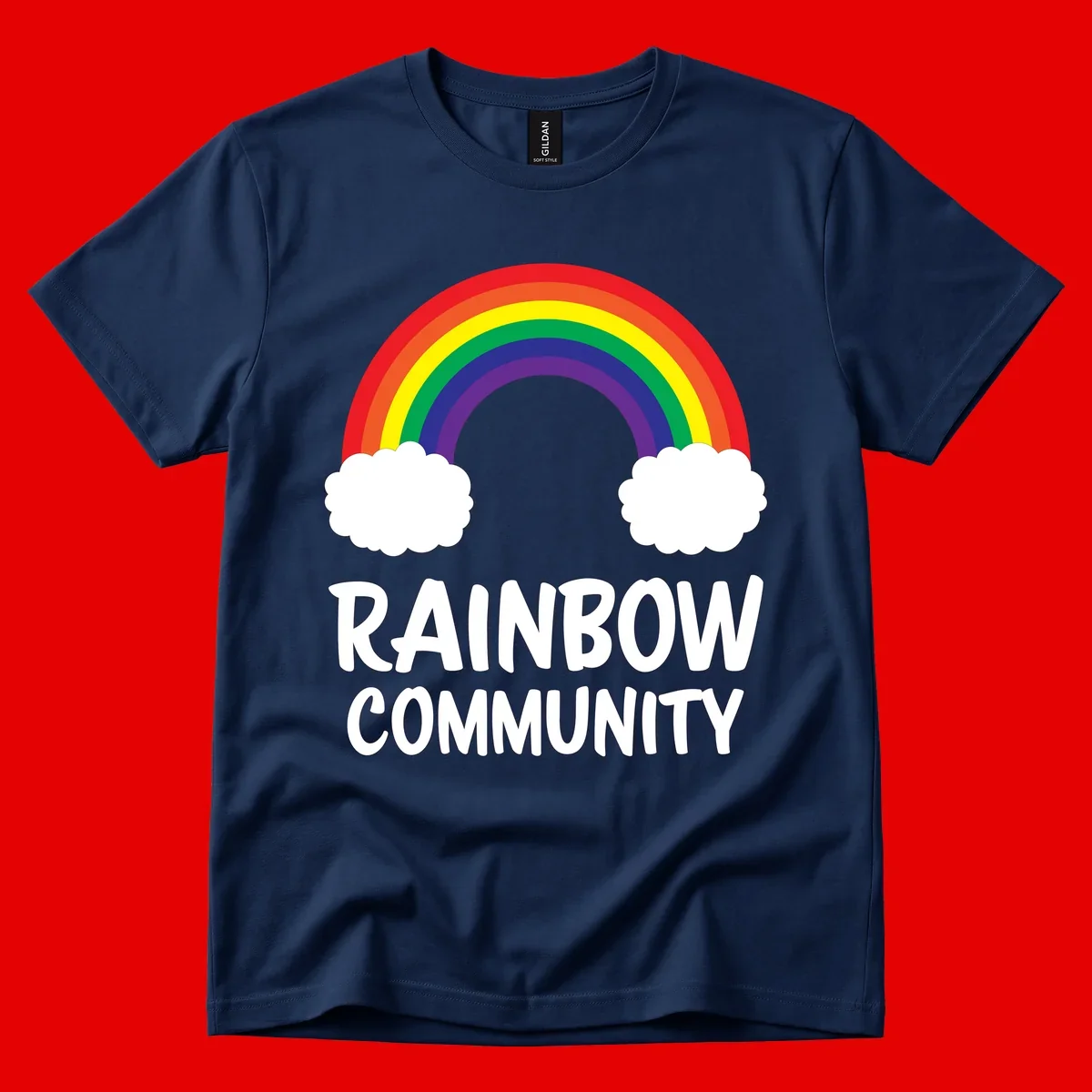 Rainbow arcing between two white clouds with 'RAINBOW COMMUNITY' text below, representing pride and inclusivity