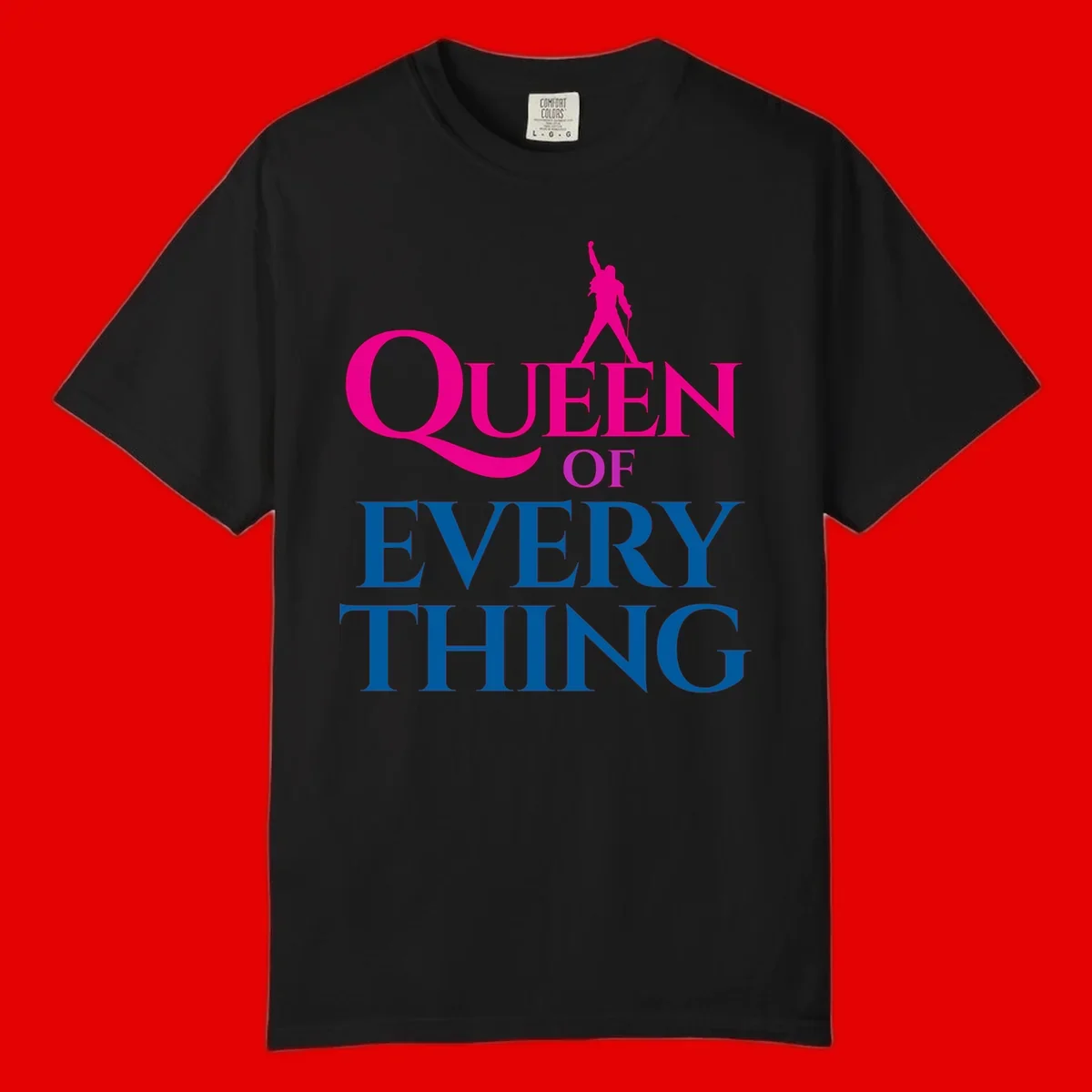 Magenta silhouette of confident figure with raised fist above bold 'Queen Of Every Thing' text in blue and pink