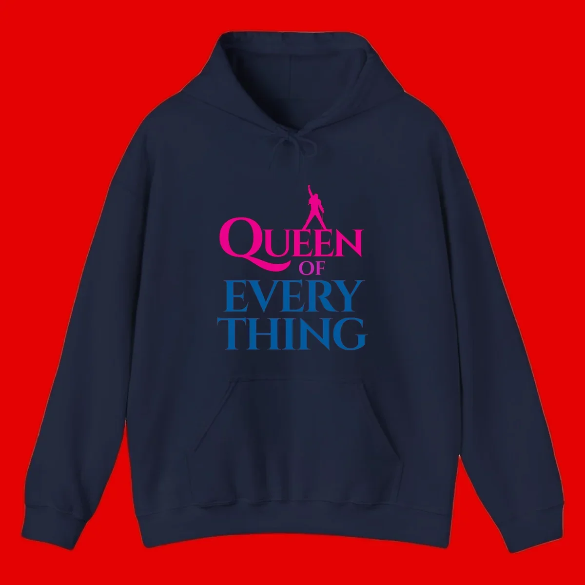 Magenta silhouette of confident figure with raised fist above bold 'Queen Of Every Thing' text in blue and pink