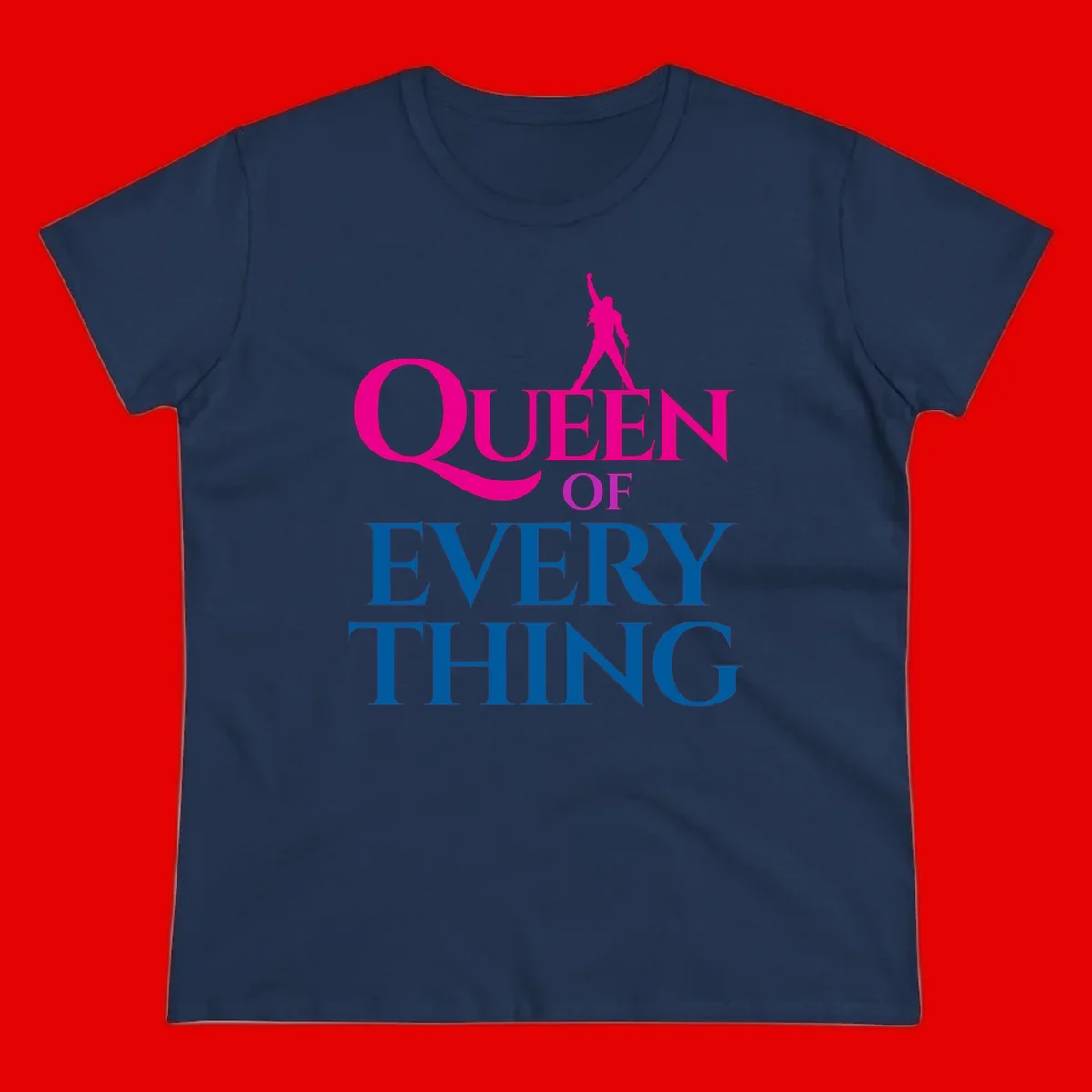 Magenta silhouette of confident figure with raised fist above bold 'Queen Of Every Thing' text in blue and pink