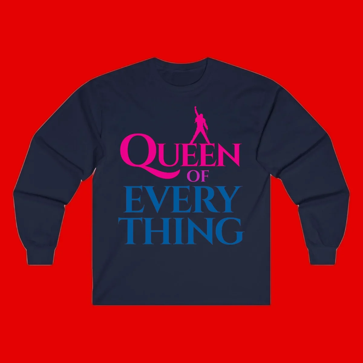 Magenta silhouette of confident figure with raised fist above bold 'Queen Of Every Thing' text in blue and pink