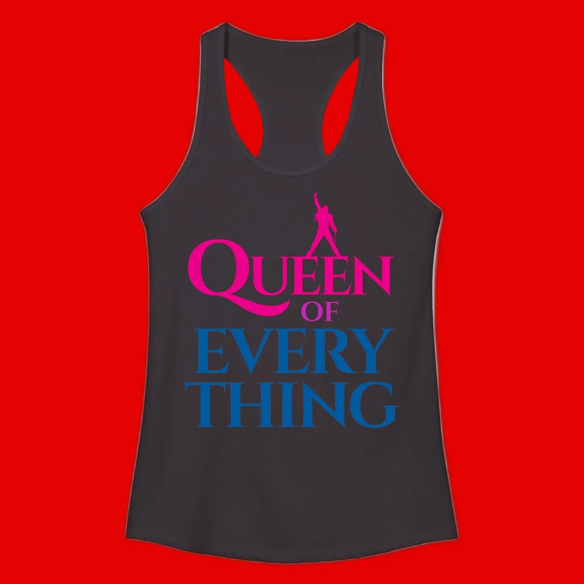 Magenta silhouette of confident figure with raised fist above bold 'Queen Of Every Thing' text in blue and pink