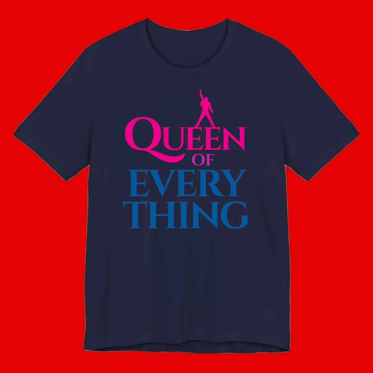 Magenta silhouette of confident figure with raised fist above bold 'Queen Of Every Thing' text in blue and pink