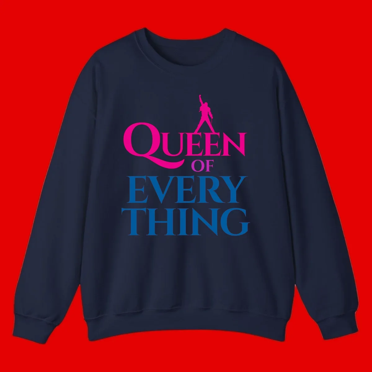 Magenta silhouette of confident figure with raised fist above bold 'Queen Of Every Thing' text in blue and pink
