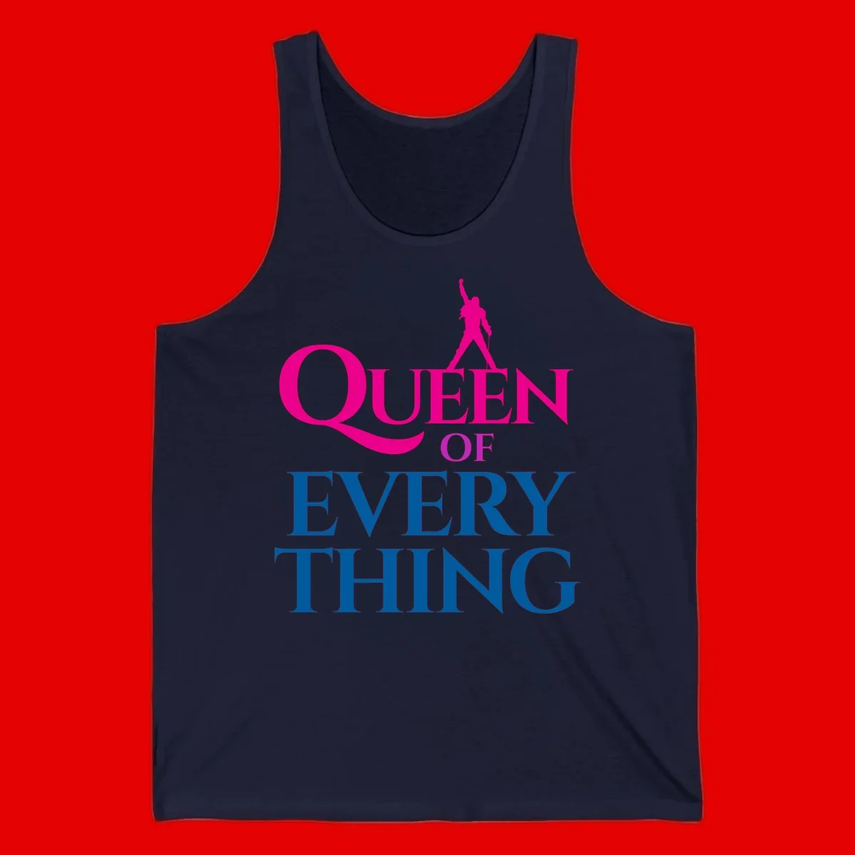 Magenta silhouette of confident figure with raised fist above bold 'Queen Of Every Thing' text in blue and pink