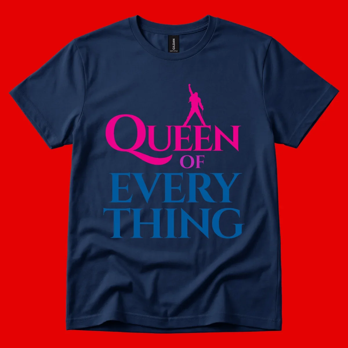 Magenta silhouette of confident figure with raised fist above bold 'Queen Of Every Thing' text in blue and pink
