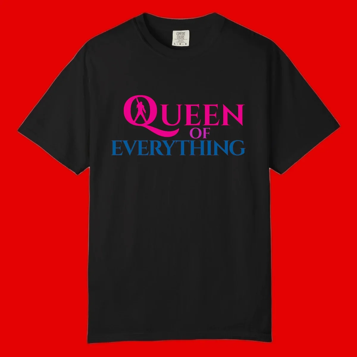 Queen of Everything design: magenta silhouette of crowned woman in oversized Q with pink and blue bold text on gray background