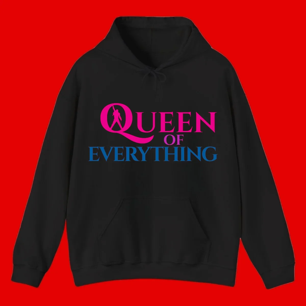 Queen of Everything design: magenta silhouette of crowned woman in oversized Q with pink and blue bold text on gray background