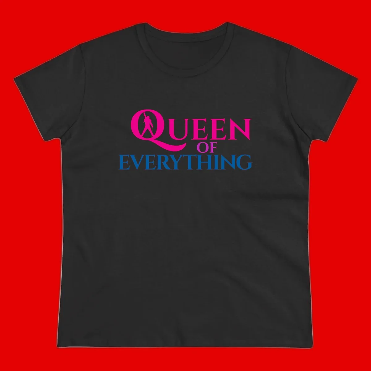 Queen of Everything design: magenta silhouette of crowned woman in oversized Q with pink and blue bold text on gray background