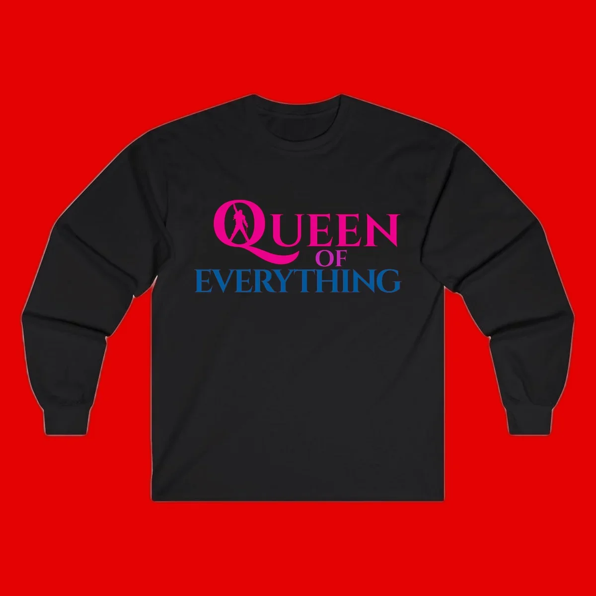 Queen of Everything design: magenta silhouette of crowned woman in oversized Q with pink and blue bold text on gray background