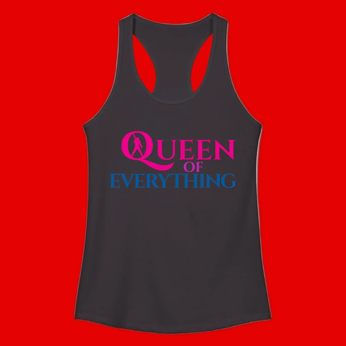 Queen of Everything design: magenta silhouette of crowned woman in oversized Q with pink and blue bold text on gray background