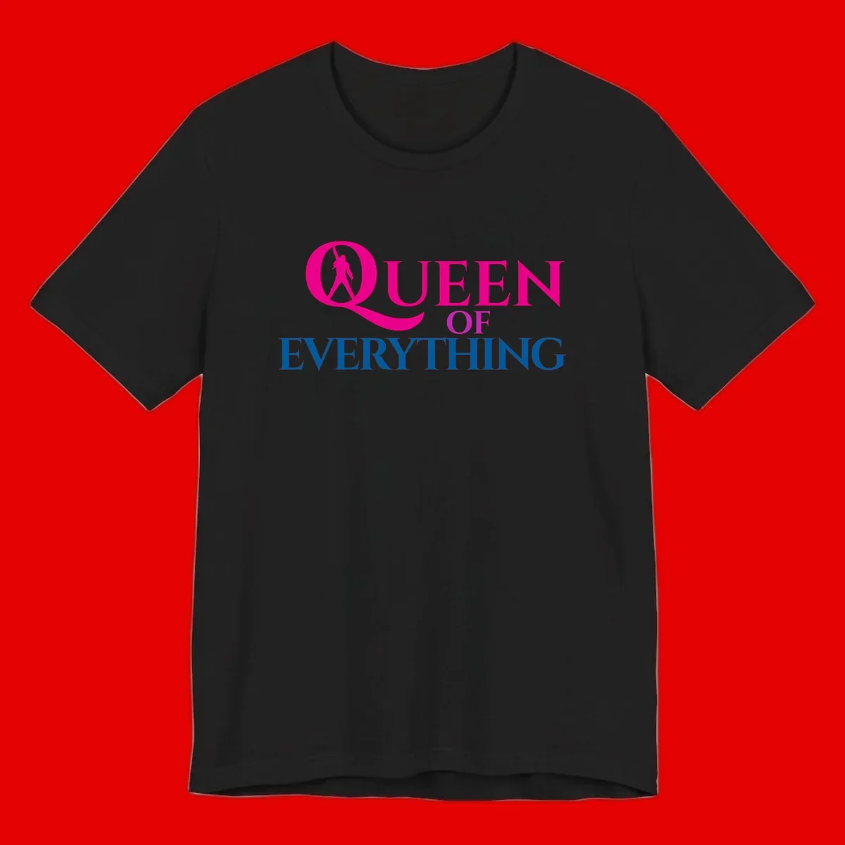 Queen of Everything design: magenta silhouette of crowned woman in oversized Q with pink and blue bold text on gray background