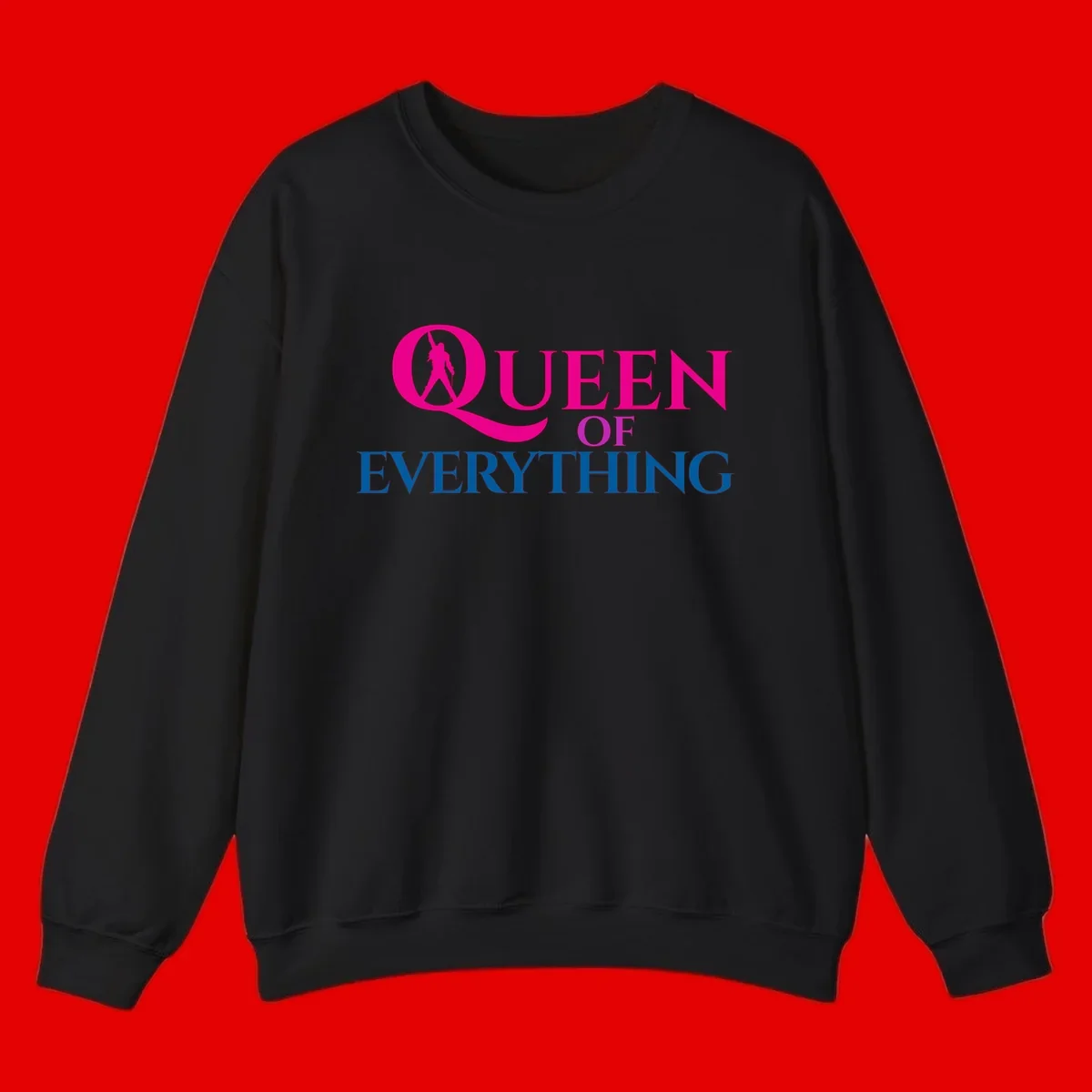 Queen of Everything design: magenta silhouette of crowned woman in oversized Q with pink and blue bold text on gray background
