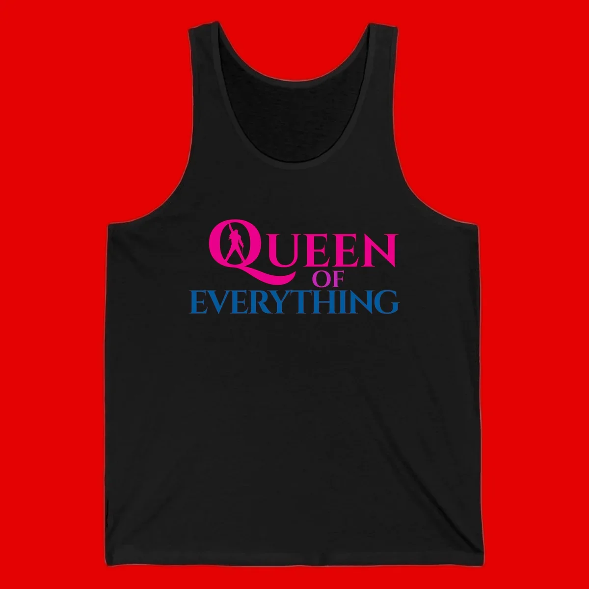Queen of Everything design: magenta silhouette of crowned woman in oversized Q with pink and blue bold text on gray background