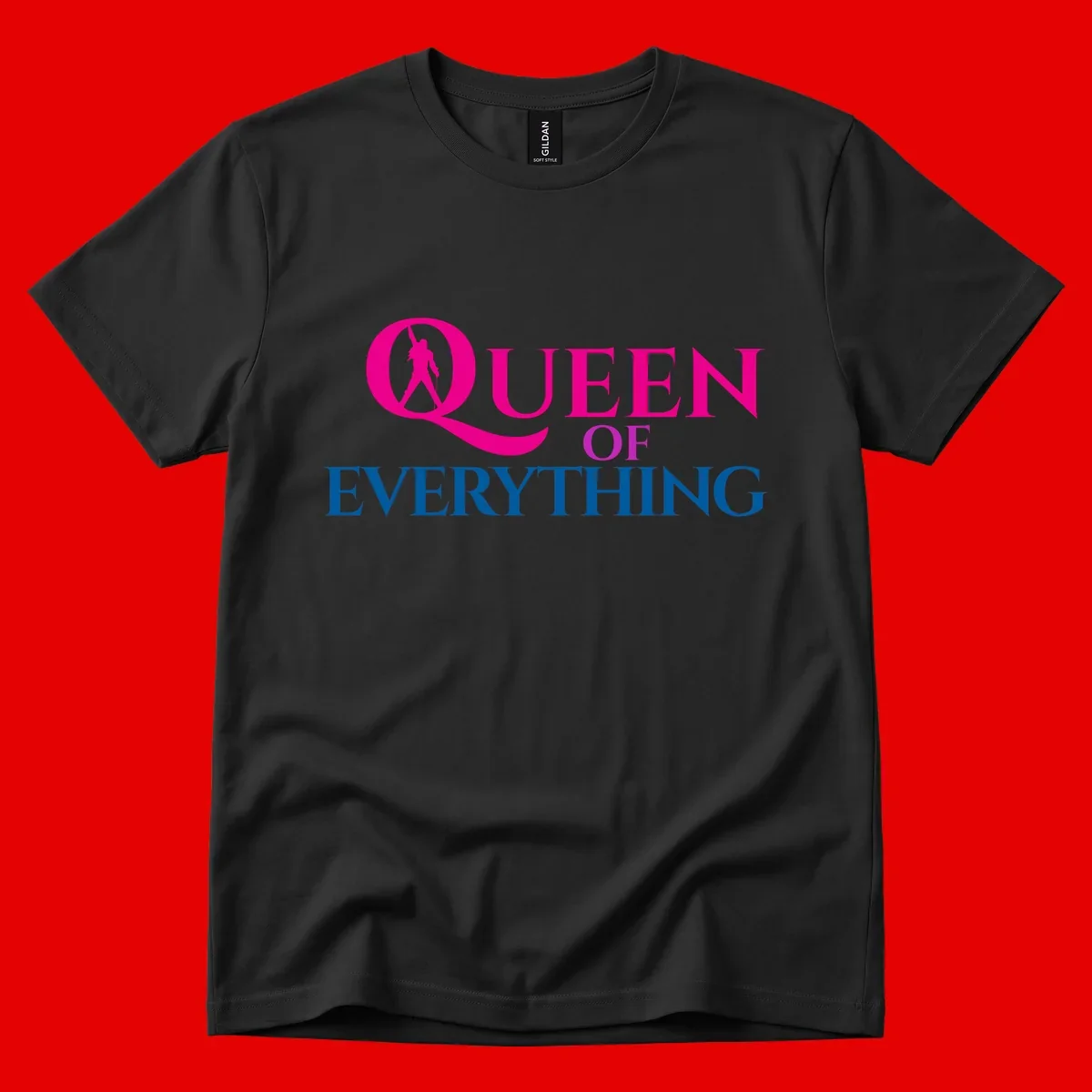 Queen of Everything design: magenta silhouette of crowned woman in oversized Q with pink and blue bold text on gray background