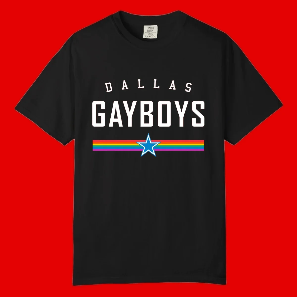 Dallas Garboys pride design with white text, blue star, and horizontal rainbow stripes on gray background