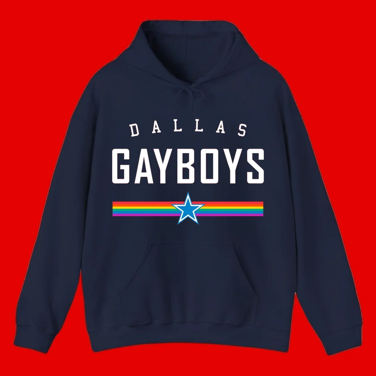 Dallas Garboys pride design with white text, blue star, and horizontal rainbow stripes on gray background