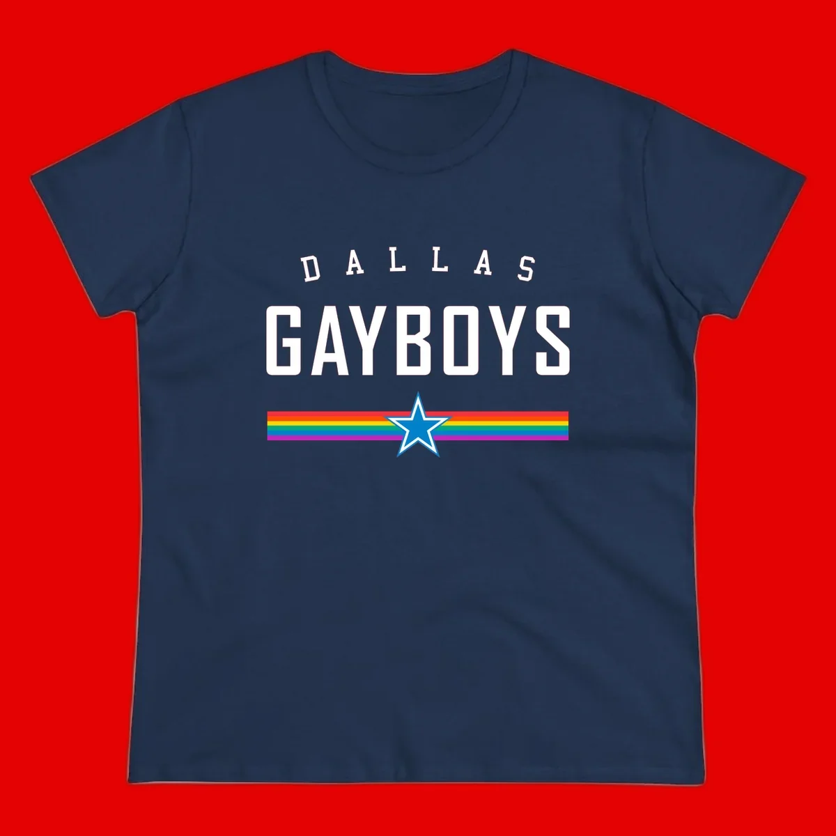 Dallas Garboys pride design with white text, blue star, and horizontal rainbow stripes on gray background