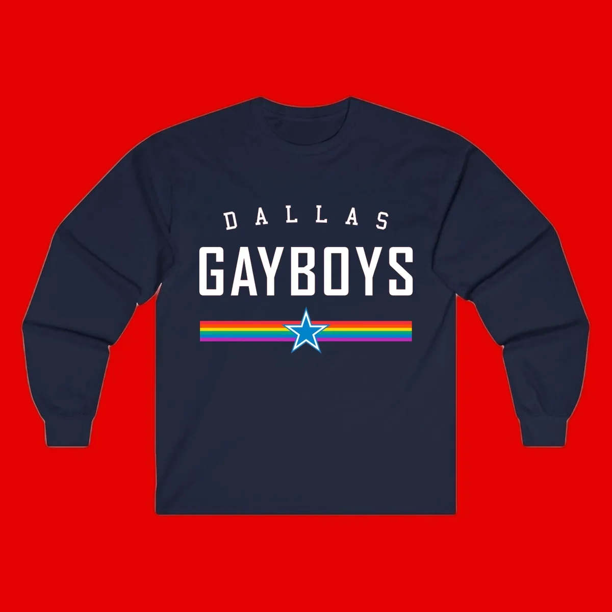 Dallas Garboys pride design with white text, blue star, and horizontal rainbow stripes on gray background