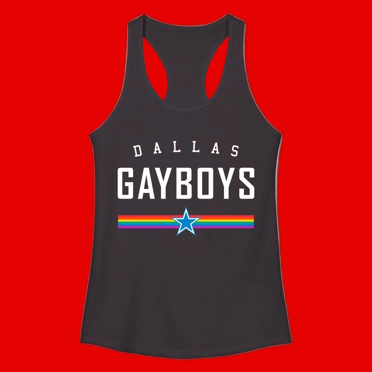 Dallas Garboys pride design with white text, blue star, and horizontal rainbow stripes on gray background