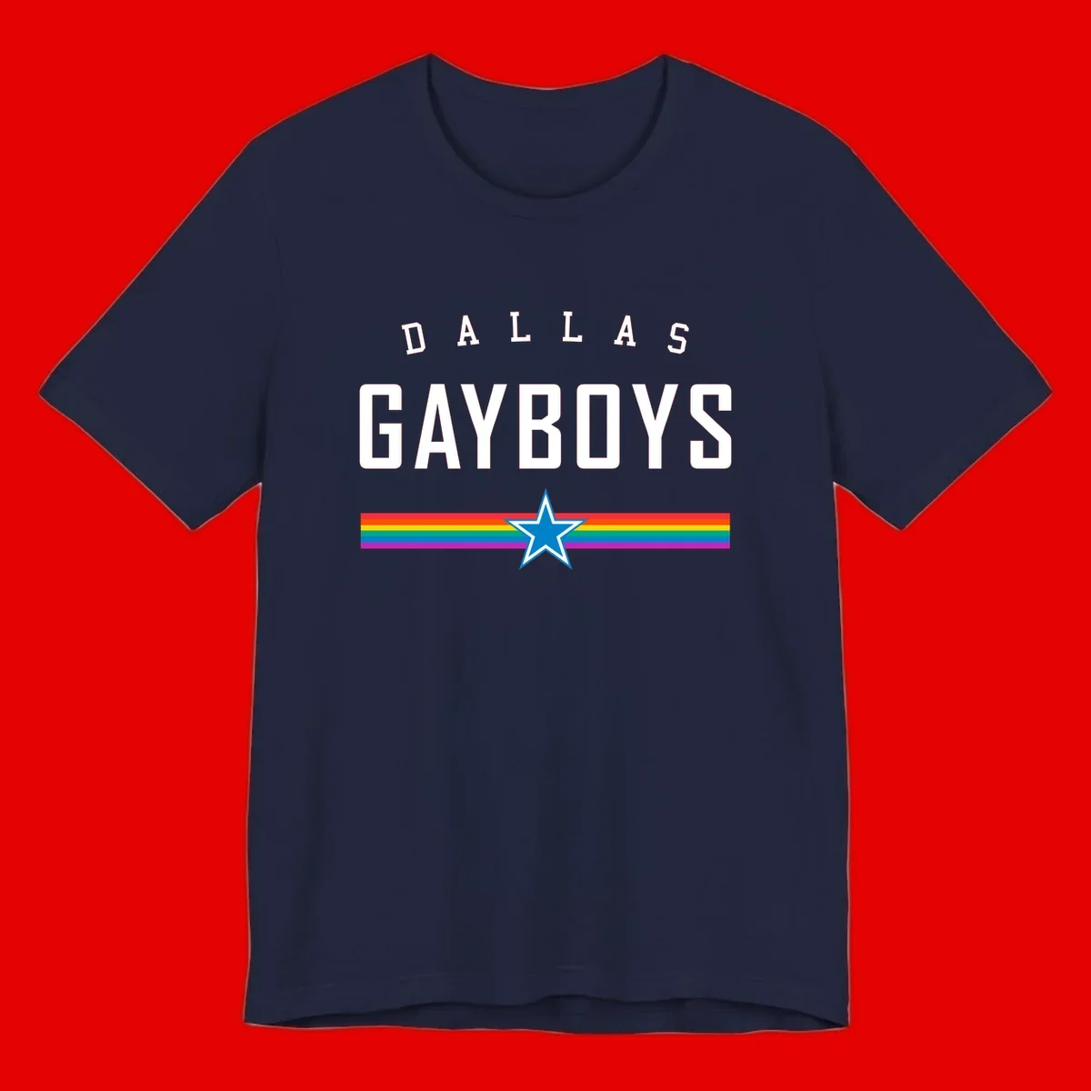 Dallas Garboys pride design with white text, blue star, and horizontal rainbow stripes on gray background