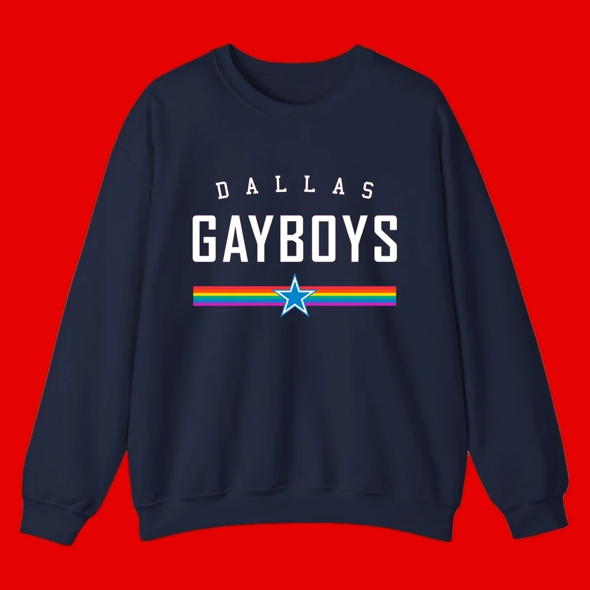 Dallas Garboys pride design with white text, blue star, and horizontal rainbow stripes on gray background