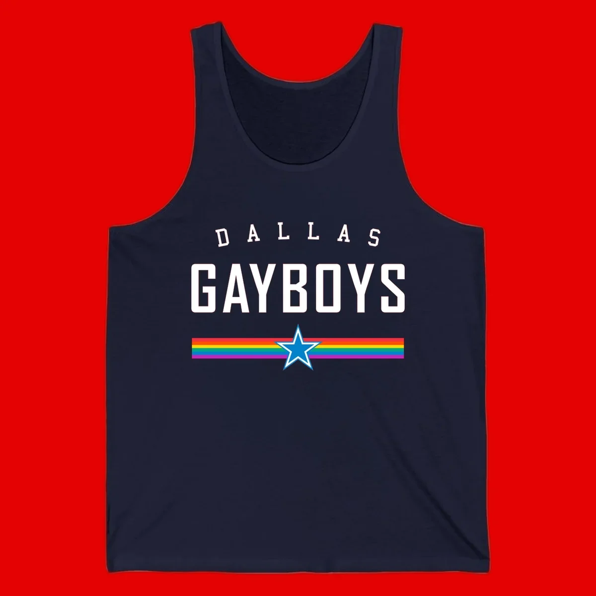 Dallas Garboys pride design with white text, blue star, and horizontal rainbow stripes on gray background