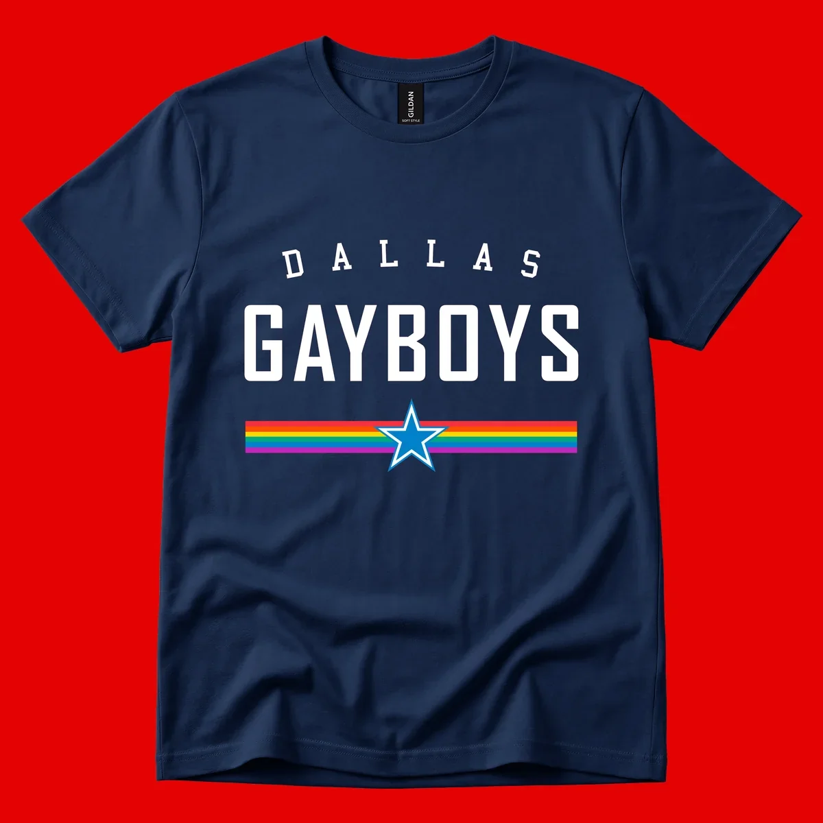 Dallas Garboys pride design with white text, blue star, and horizontal rainbow stripes on gray background