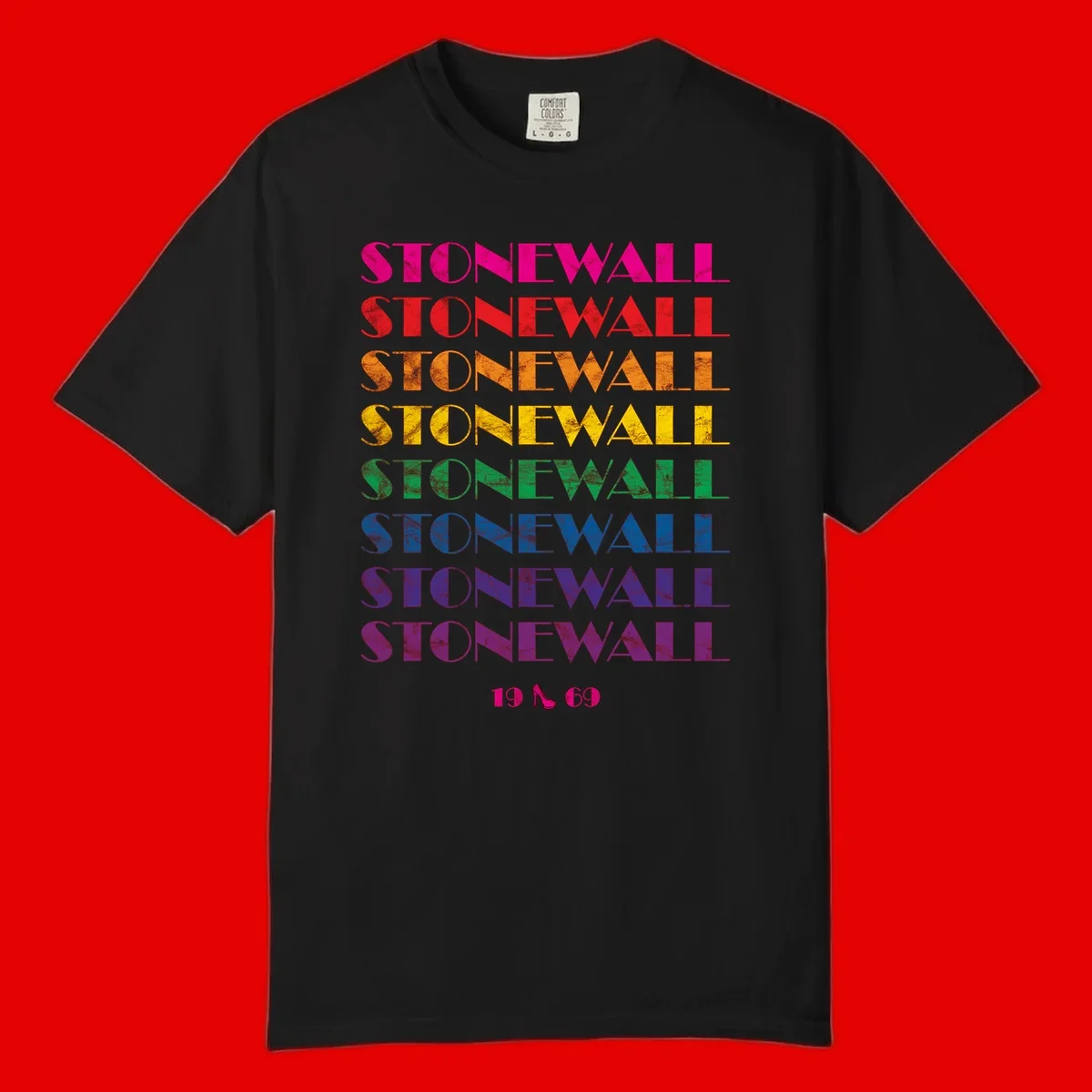 Stonewall Pride 1969 design with rainbow-colored repeated text and high heel icon on gray background