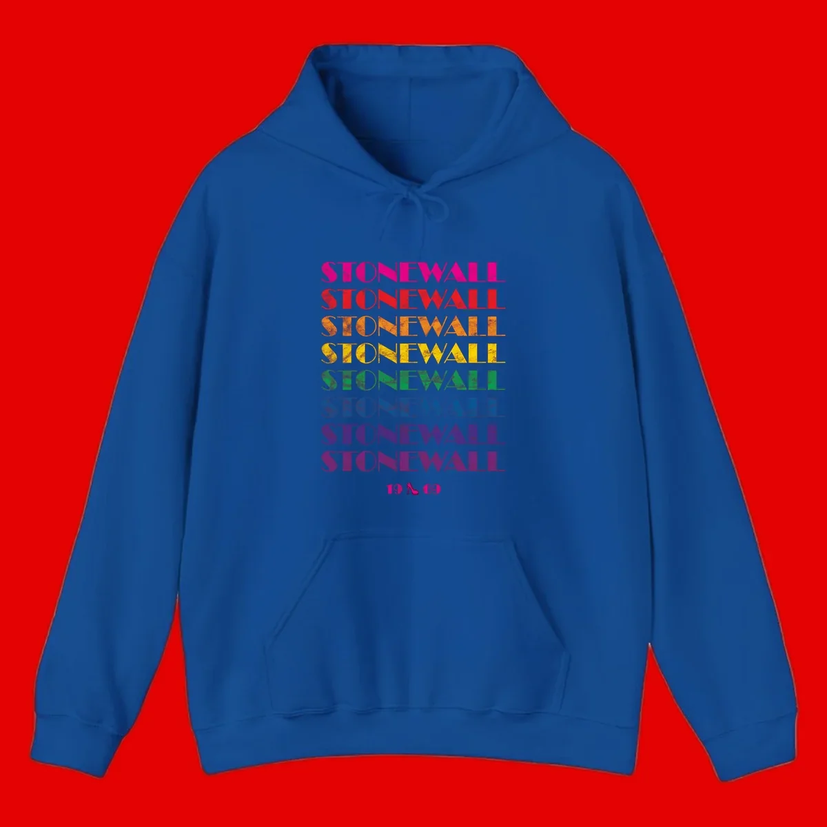 Stonewall Pride 1969 design with rainbow-colored repeated text and high heel icon on gray background