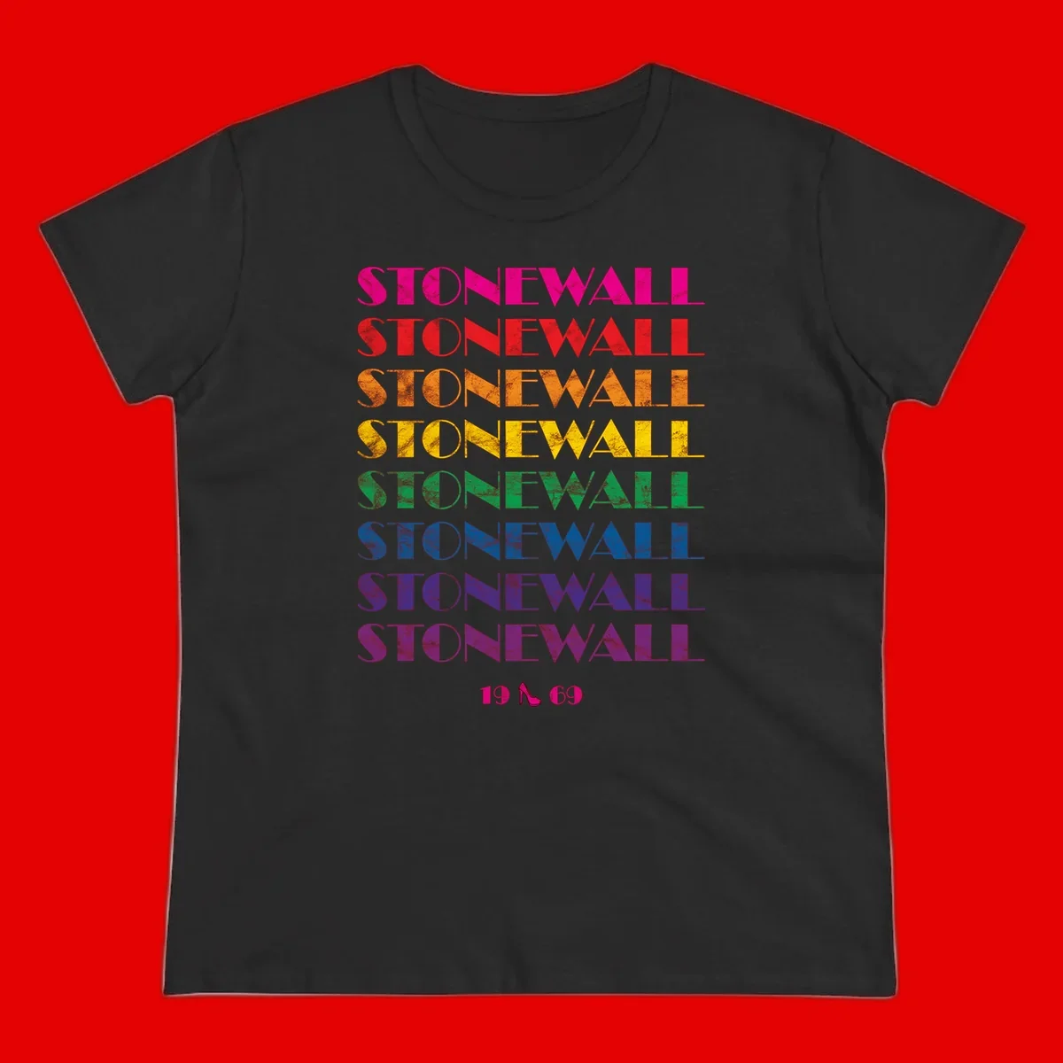 Stonewall Pride 1969 design with rainbow-colored repeated text and high heel icon on gray background