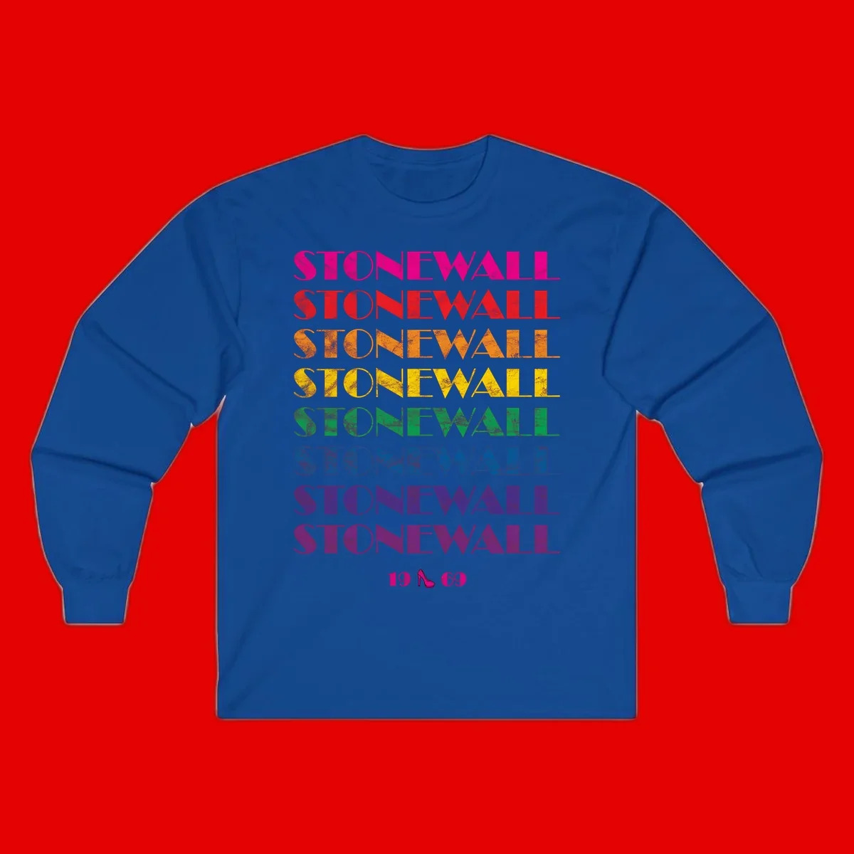 Stonewall Pride 1969 design with rainbow-colored repeated text and high heel icon on gray background