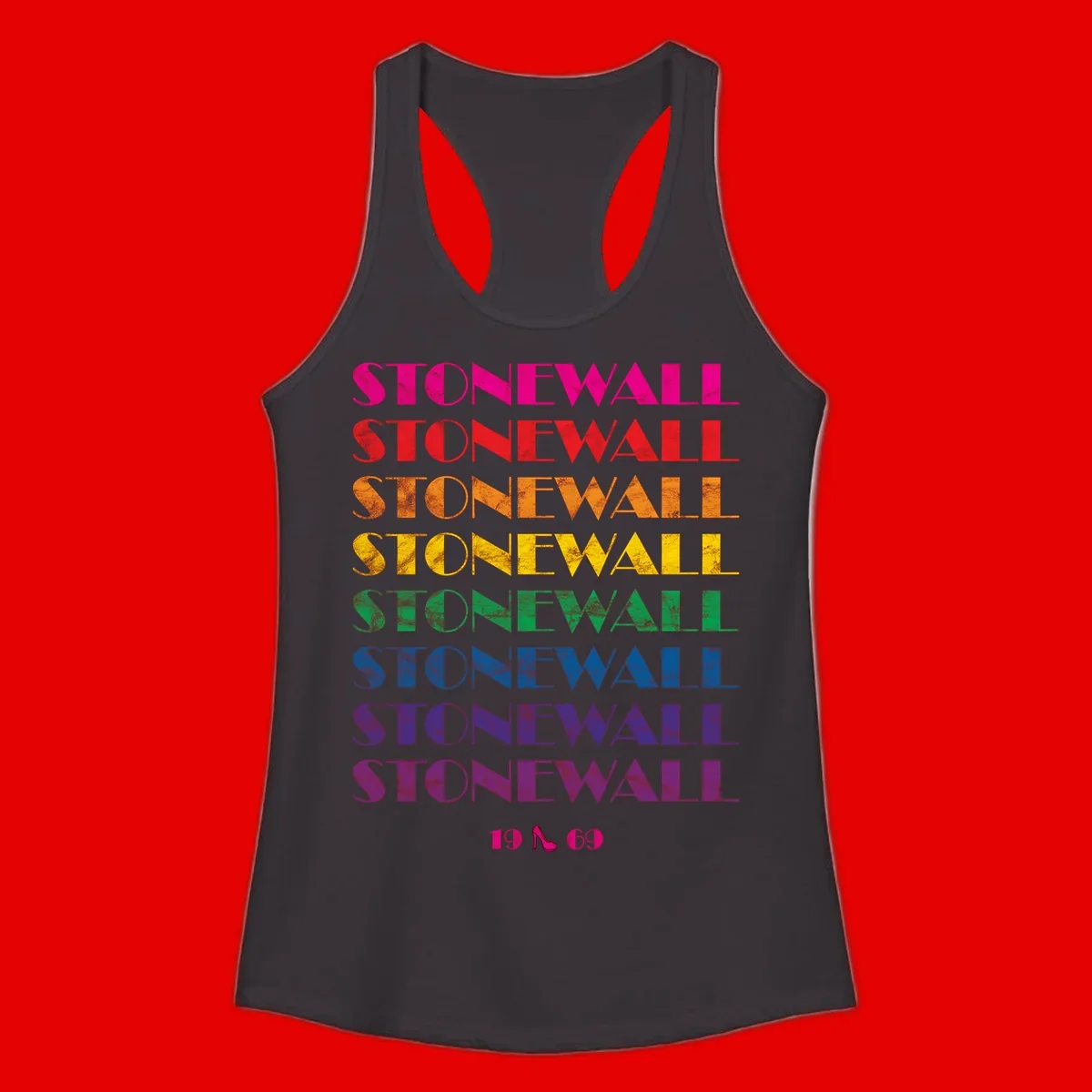 Stonewall Pride 1969 design with rainbow-colored repeated text and high heel icon on gray background