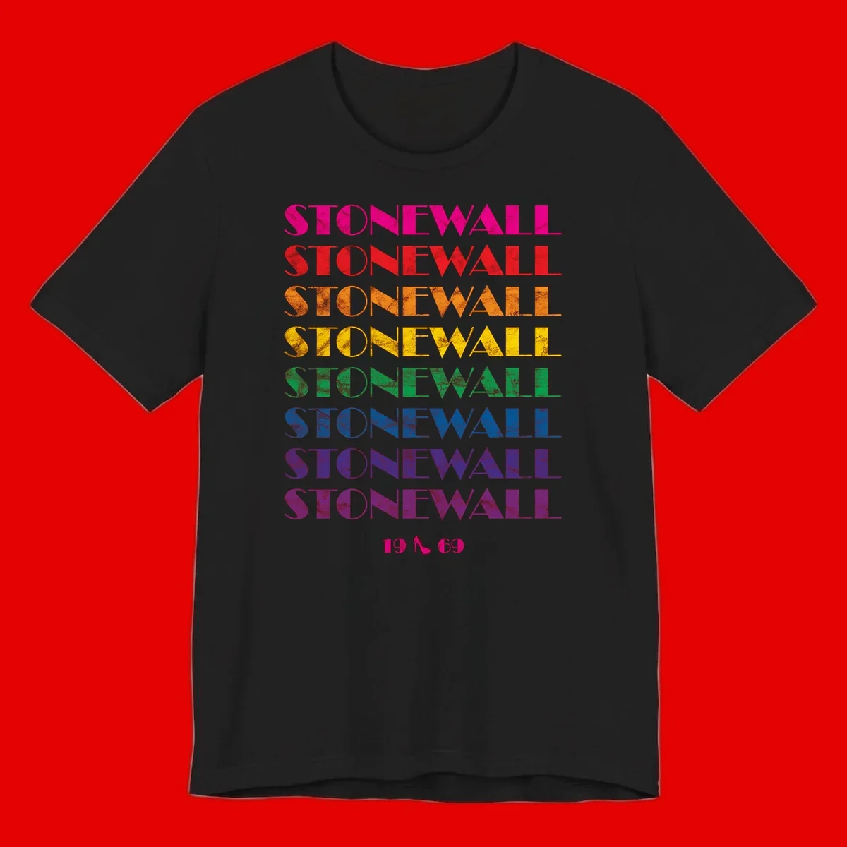 Stonewall Pride 1969 design with rainbow-colored repeated text and high heel icon on gray background