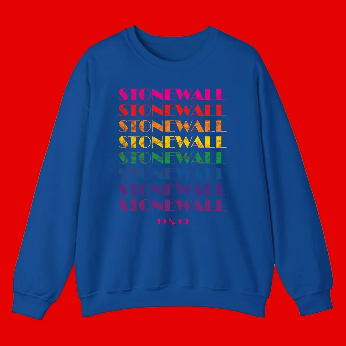 Stonewall Pride 1969 design with rainbow-colored repeated text and high heel icon on gray background