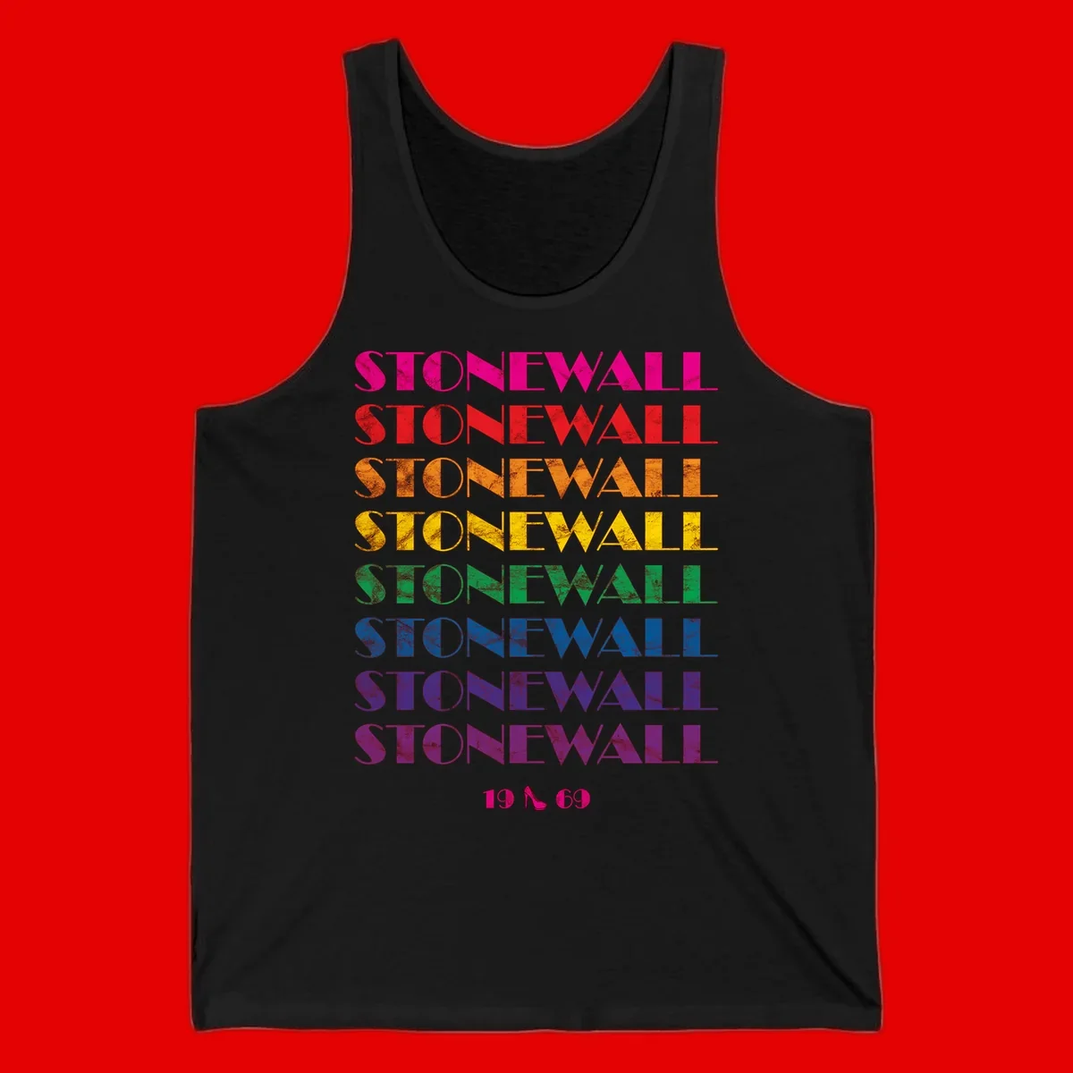 Stonewall Pride 1969 design with rainbow-colored repeated text and high heel icon on gray background