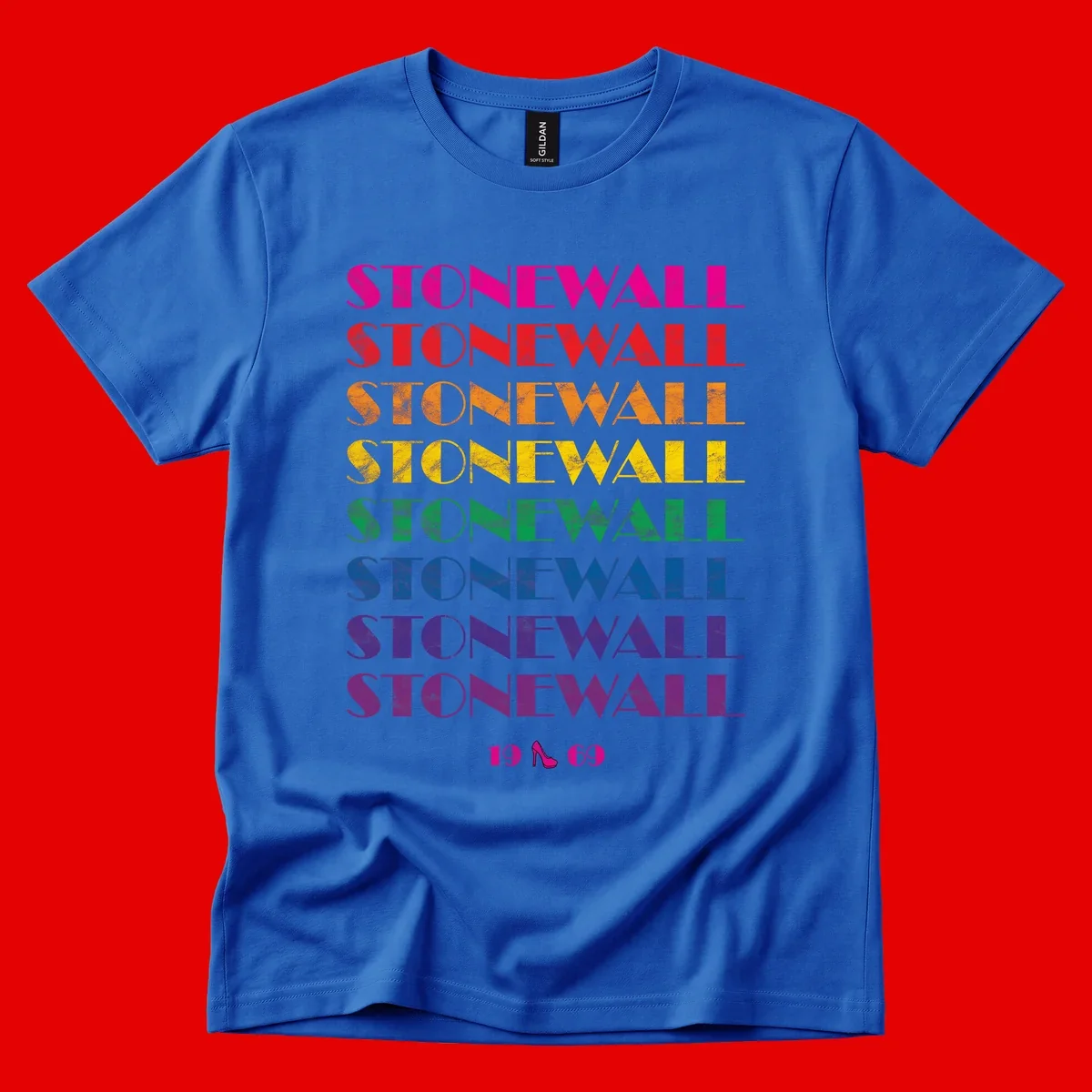 Stonewall Pride 1969 design with rainbow-colored repeated text and high heel icon on gray background