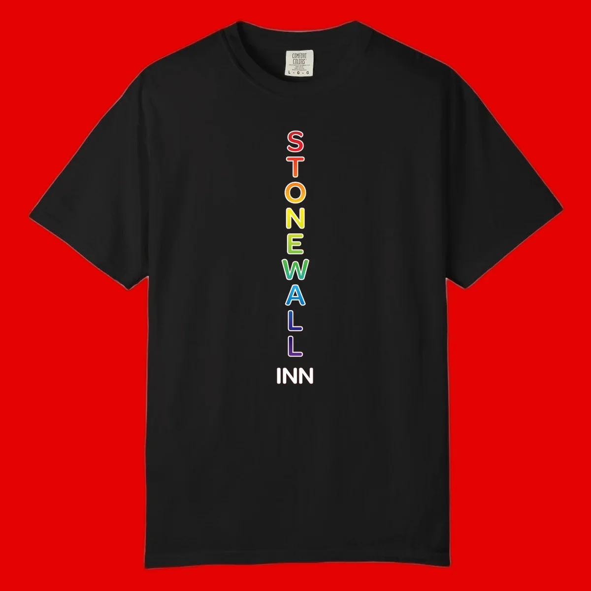 Stonewall Inn pride design with vertical rainbow letters spelling out the iconic venue name in red, orange, yellow, green, teal, blue, and purple.