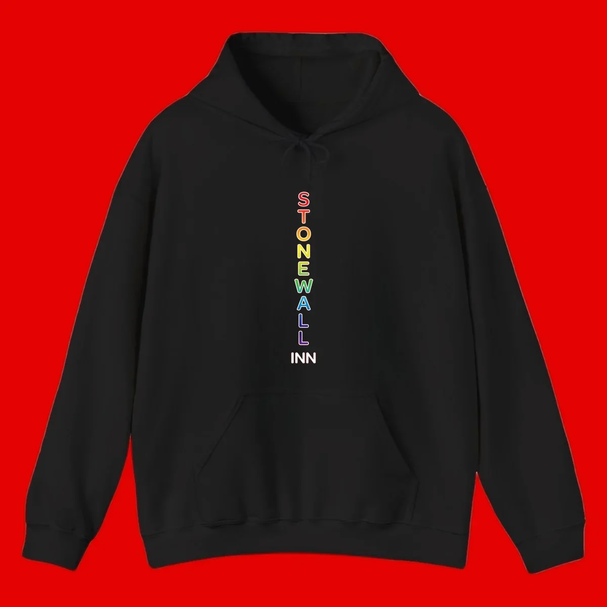 Stonewall Inn pride design with vertical rainbow letters spelling out the iconic venue name in red, orange, yellow, green, teal, blue, and purple.