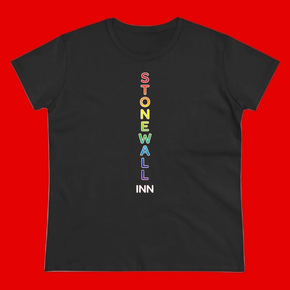 Stonewall Inn pride design with vertical rainbow letters spelling out the iconic venue name in red, orange, yellow, green, teal, blue, and purple.